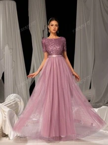 Faeriesty Faeriesty Elegant Formal Evening Gown With Sequin Embellished Bodice & Contrast Layered Tulle Hem | A-Line Prom Wedding Party Dress