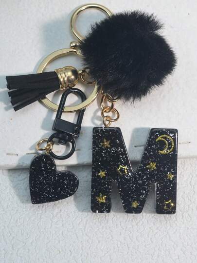 1pc Resin Starry Sky Epoxy Letter Keychain With Tassel & Black Fur Ball Decor, Gift For Friends And Mothers Car Accessories Bag Charm School Bag Lanyards With Id Holder Car Accessories Bag Charms