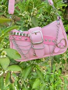 Y2K Fashionable Versatile Star & Moon Design Unique Silver Millennium Shoulder Chain Crossbody Bag, Perfect For Streetwear, Parties, And Gifts. Starry Print Women Handbag, Y2K Style Bag, 2000s Fashion, Goth Punk Style , Punk - Pink - View 7