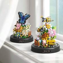 1pc Novo conjunto de presente de flores românticas - Conjunto de blocos de construção de capa de flor de hibisco champanhe, conjunto de decoração de quadro de mensagens de flores eternas românticas florescentes, capa de flor de animal, capa de flor de Natal, dia dos namorados, dia do professor, presente de aniversário