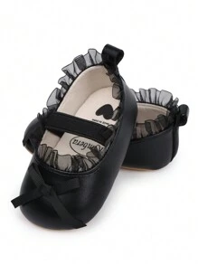 1 双女婴蝴蝶结 PU 钩环设计可爱甜美公主鞋，防滑透气幼儿爬行鞋，适合春秋季节