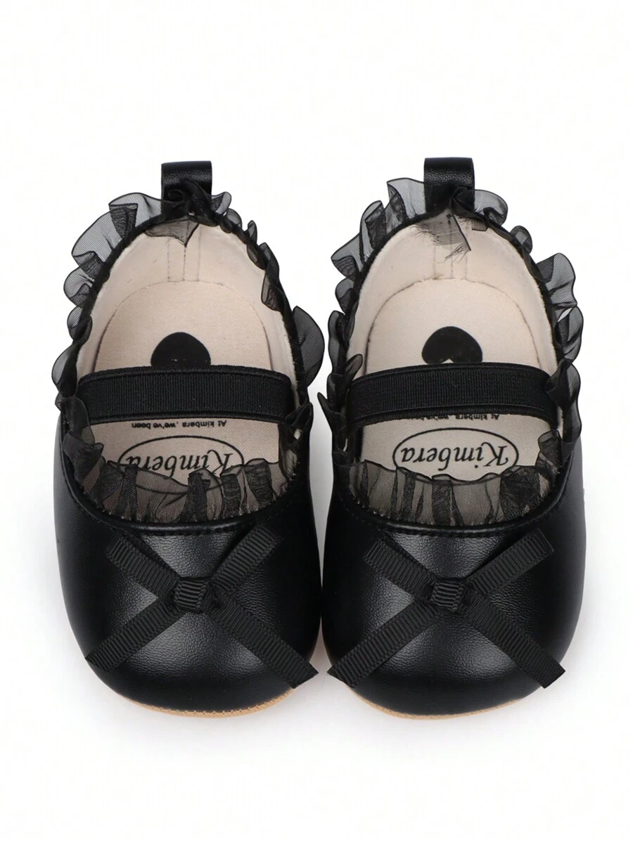 1 双女婴蝴蝶结 PU 钩环设计可爱甜美公主鞋，防滑透气幼儿爬行鞋，适合春秋季节