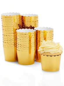 15 件圣诞节和情人节厚金箔纸杯蛋糕衬垫，1 套耐热迷你蛋糕松饼硅胶模具，布丁和甜点容器，实用的婚礼和生日派对厨房工具 - 金色 - 查看 8