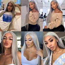 Gorgeous Gray Lace Front Wigs Wear And Go Wig Pre Plucked Long Straight Hair Wig Glueless Grey Colored Wigs Silver Ready To Wear Wigs Heat Resistant Synthetic Lace Front Wigs For Fashion Women For Daily Christmas Party Cosplay Use - 灰色 - 查看 8