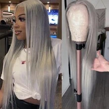 Gorgeous Gray Lace Front Wigs Wear And Go Wig Pre Plucked Long Straight Hair Wig Glueless Grey Colored Wigs Silver Ready To Wear Wigs Heat Resistant Synthetic Lace Front Wigs For Fashion Women For Daily Christmas Party Cosplay Use - 灰色 - 查看 3
