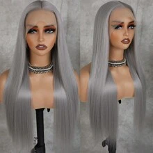 Gorgeous Gray Lace Front Wigs Wear And Go Wig Pre Plucked Long Straight Hair Wig Glueless Grey Colored Wigs Silver Ready To Wear Wigs Heat Resistant Synthetic Lace Front Wigs For Fashion Women For Daily Christmas Party Cosplay Use - 灰色 - 查看 4