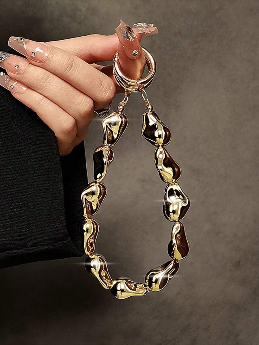 银色和金色电镀串珠链腕带夹式吊饰，适用于手机壳、钥匙扣、包包吊坠、女士配饰礼物，适合送给母亲、家人、朋友、生日、节日的手机吊饰、手机链 - 金色 - 查看 1