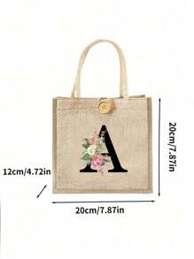 Letter Print Tote Bag, Floral Print Linen Tote Bag, Button Decor Tote Bag, Minimalist Large Capacity Tote Bag, Portable Casual Storage Tote Bag, Multi-Function Shopping Bag, New Design, Large Capacity - Khaki - View 10