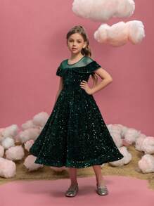Tween Girls Short Sleeve Back Bow Decor Sequin & Mesh Splicing Party Dress