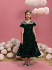 Tween Girls Short Sleeve Back Bow Decor Sequin & Mesh Splicing Party Dress