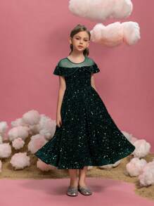 Tween Girls Short Sleeve Back Bow Decor Sequin & Mesh Splicing Party Dress
