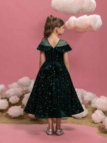 Tween Girls Short Sleeve Back Bow Decor Sequin & Mesh Splicing Party Dress