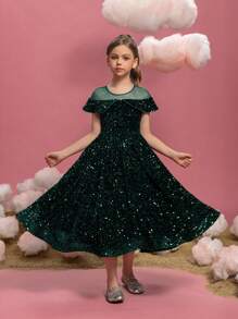 Tween Girls Short Sleeve Back Bow Decor Sequin & Mesh Splicing Party Dress