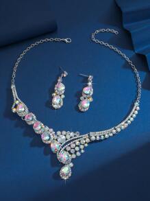 Bộ trang sức hoa tai vòng cổ pha lê và đá Rhinestone nhiều màu cho cô dâu 3 món, Phụ kiện trang sức thời trang cho phụ nữ cho tiệc tùng, sự kiện - Nhiều màu - Xem 12