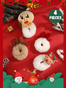 4 件套女孩圣诞风格毛绒驯鹿鹿角和发带，女孩马尾辫圣诞发饰，适合圣诞派对、表演和聚会日常使用 - 彩色 - 查看 1