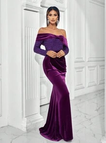 Rochie formala fara bretele din catifea contrastanta, rochie de seara eleganta montata, rochie de eveniment de nunta, rochie de bal cu maneca lunga, pentru invitat la nunta, absolvire, cina - Violet - Vizualizare 1