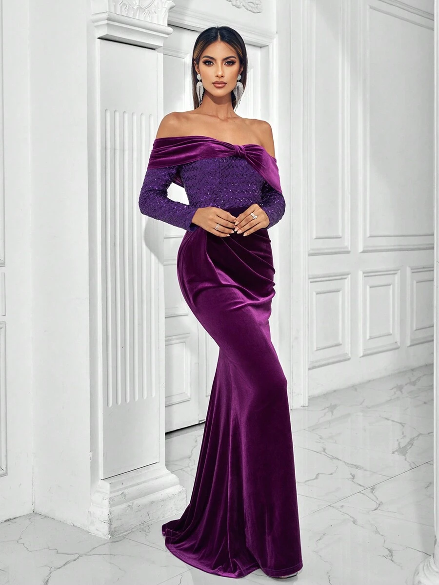 Rochie formala fara bretele din catifea contrastanta, rochie de seara eleganta montata, rochie de eveniment de nunta, rochie de bal cu maneca lunga, pentru invitat la nunta, absolvire, cina - Violet - Vizualizare 1