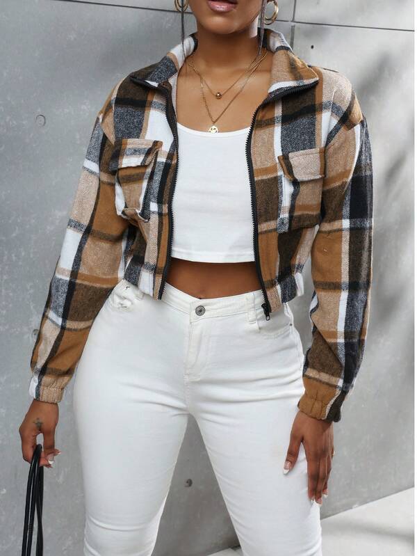 Women's Casual Plaid Flap Pocket Cropped Jacket, Autumn