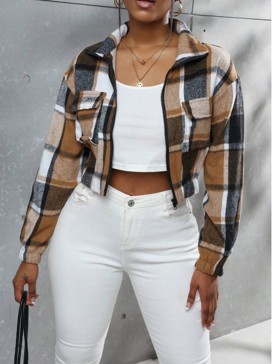 Chaqueta corta casual de mujer con bolsillo con solapas a cuadros, de otoño