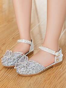 Cute Bow Rhinestone Design Shiny Children's Flat Shoes, Round Toe Buckle Elegant Children's Princess Shoes, Flashing Beautiful Shine, Suitable For Primary School Students To Wear, Spring And Autumn Are All Suitable For