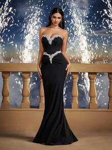 华丽露肩蕾丝边拼色紧身胸衣美人鱼正式伴娘礼服，黑色 - 黑色 - 查看 4