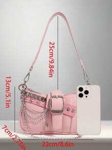 Y2K Fashionable Versatile Star & Moon Design Unique Silver Millennium Shoulder Chain Crossbody Bag, Perfect For Streetwear, Parties, And Gifts. Starry Print Women Handbag, Y2K Style Bag, 2000s Fashion, Goth Punk Style , Punk - Pink - View 11