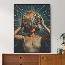1 peça, pôster de tela de mulher com bola de discoteca vintage, arte luxuosa de bola de espelho, estética moderna e divertida, estilo nórdico, decoração de sala de casa, arte de parede, presente ideal para quarto, sala de estar, corredor, arte de parede, decoração de parede, sem moldura