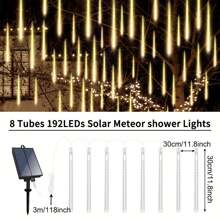 Solar Meteor Shower Rain String Lights, 8 Light Tubes 192LED, Waterproof, Drop Icicle Snow Falling Raindrop Cascading Lights For Tree, Garden Wedding Party Christmas, Thanksgiving And Halloween Decorations, New Year Holiday Gifts Fairy Lights, Solar Outdoor String Lights LED Lights For Valentines Decor - Warm White - View 3