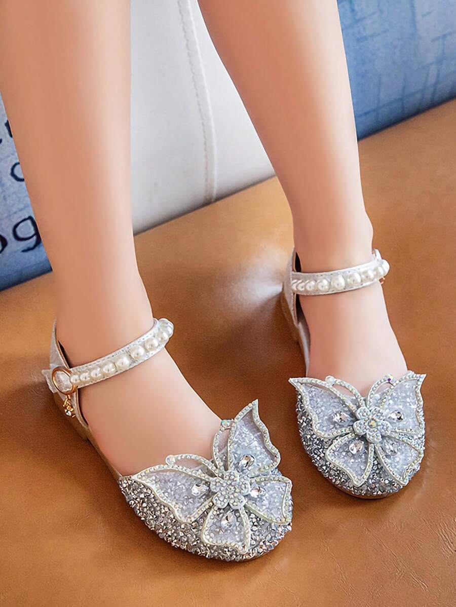 Cute Bow Rhinestone Design Shiny Children's Flat Shoes, Round Toe Buckle Elegant Children's Princess Shoes, Flashing Beautiful Shine, Suitable For Primary School Students To Wear, Spring And Autumn Are All Suitable For