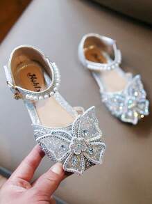 Cute Bow Rhinestone Design Shiny Children's Flat Shoes, Round Toe Buckle Elegant Children's Princess Shoes, Flashing Beautiful Shine, Suitable For Primary School Students To Wear, Spring And Autumn Are All Suitable For