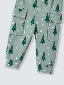 1 套绿色天鹅绒长袖连帽衫和圣诞树印花运动裤套装，秋冬 - 綠色 - 查看 4