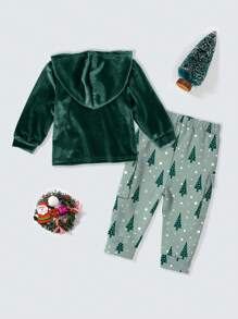 1 套绿色天鹅绒长袖连帽衫和圣诞树印花运动裤套装，秋冬 - 綠色 - 查看 2