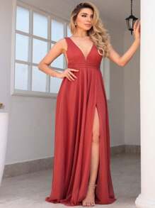 Bridesmaid Dress With A Marked Waist Or Debutante, Long, Shiny Tank Top, Lilac, Olive Green, Terracotta, Serenity Royal Blue - 亮橙色 - 查看 1