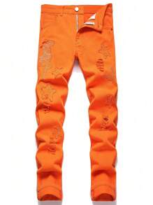 男式刺绣口袋直筒休闲牛仔裤 - 橘色 - 查看 1