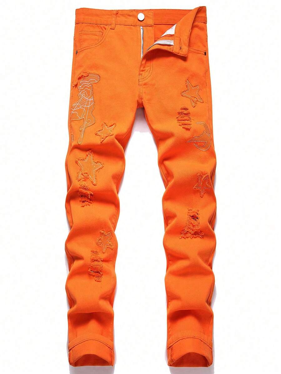 男式刺绣口袋直筒休闲牛仔裤 - 橘色 - 查看 1