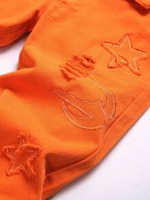 男式刺绣口袋直筒休闲牛仔裤 - 橘色 - 查看 4