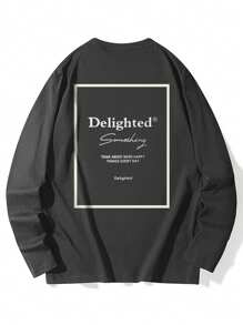 Women Letter Print Round Neck Casual Cute Loose Fit Long Sleeve T-Shirt Top, Autumn/Winter - Dark Grey - View 5