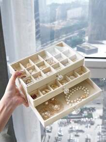 1pc Three-Layer Acrylic Flannel Jewelry Box, Drawer Type Jewelry Organizer, Necklace Earrings Ring Jewelry Storage Box, Gift For Women And Girls - Jewelry Box - View 4