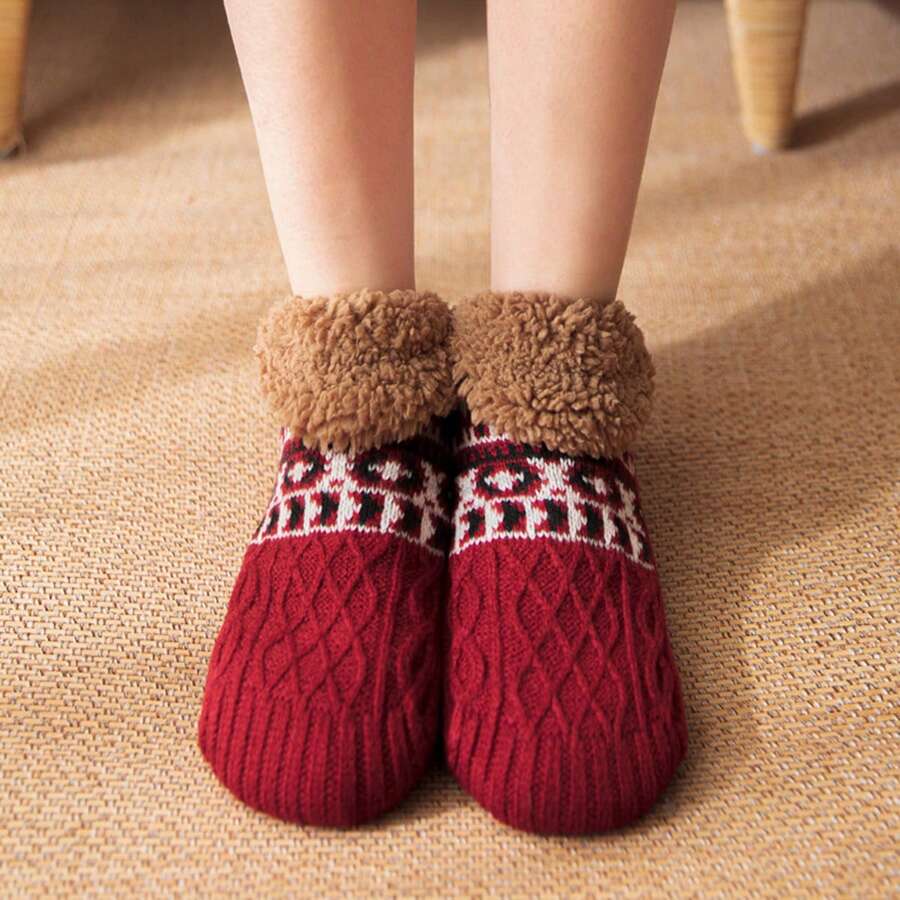 1 đôi tất sàn ấm áp, phù hợp cho cả nam và nữ, tất/dép đi thảm chống trượt mềm mại dùng trong nhà, mùa thu/đông - Nhiều màu - Xem 1