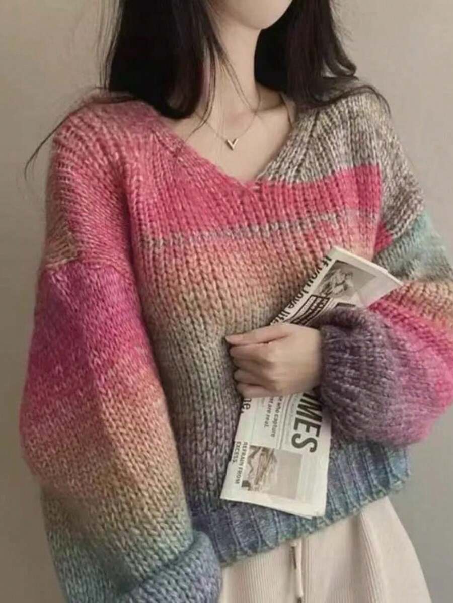 EAVA Fall/Winter Collection Korean Style Loose-Fit Casual, Effortlessly Versatile, Sweet And Colorful Soft V-Neck, Pullover Knit Sweater For Women,New Year Outfit,New Year,Christmas,Christmas Sweater,Christmas Jumper, New Year Clothes