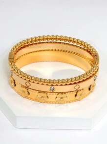 1pc Fashion 18K Gold Plated Stainless Steel Flower Bangle Bracelet For Women, European And American Style Party & Wedding Jewelry Gift Valentines,Mom,Mother,Mother's Day,Gift