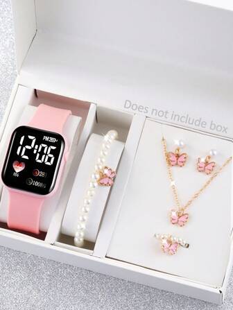 6pcs/Set Heart-Shaped Digital Display Electronic Watch, Cute Beaded Jewelry Set For Women & Students