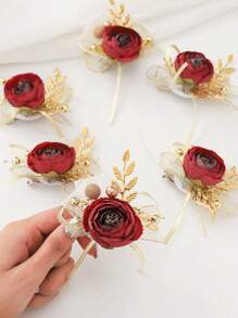 Bộ 6 chiếc hoa hồng xinh đẹp với lá vàng và trâm cài hạt vàng nhỏ, thích hợp cho đám cưới, tiệc tùng, dạ tiệc, kỷ niệm - A - Xem 6