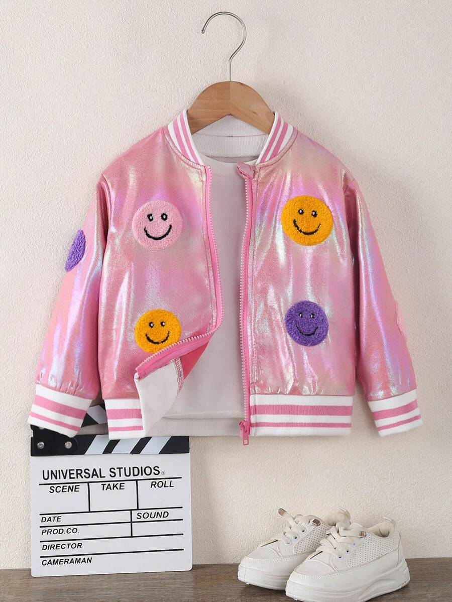 Áo khoác bóng chày thêu họa tiết hoạt hình cho bé gái, Áo khoác bomber thời trang cho bé gái, Xuân/Thu - Hồng - Xem 1