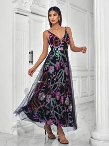 V-Neck Sequins Patchwork Backless Sleeveless Women Cocktail Dress (Heavy Embellished), Prom Semi Formal Dress, For Birthday, Wedding Guest, Graduation Homecoming - Multicolor - View 1