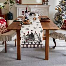1pc Christmas Happy Table Runner, Christmas Tree & Snowflake Buffalo Plaid Table Runner For Dining Table Kitchen Decor, House Farmhouse Party Decoration, Seasonal Winter Holiday Christmas Party Decor