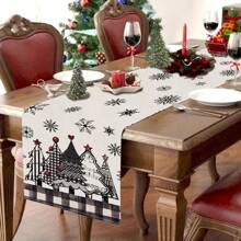 1pc Christmas Happy Table Runner, Christmas Tree & Snowflake Buffalo Plaid Table Runner For Dining Table Kitchen Decor, House Farmhouse Party Decoration, Seasonal Winter Holiday Christmas Party Decor