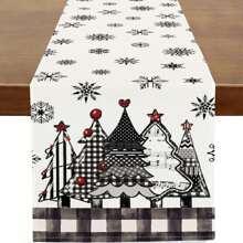 1pc Christmas Happy Table Runner, Christmas Tree & Snowflake Buffalo Plaid Table Runner For Dining Table Kitchen Decor, House Farmhouse Party Decoration, Seasonal Winter Holiday Christmas Party Decor
