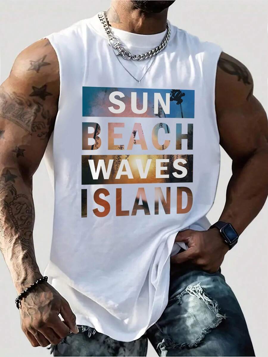 男士夏季休闲字母印花圆领背心 - 白色 - 查看 1