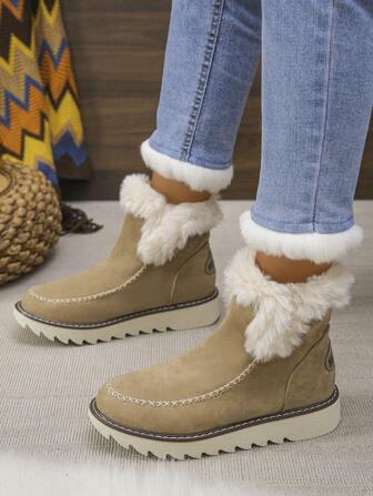 女士保暖加厚复古西部牛仔短靴，休闲户外运动舒适套穿毛绒内衬短靴，卡其色